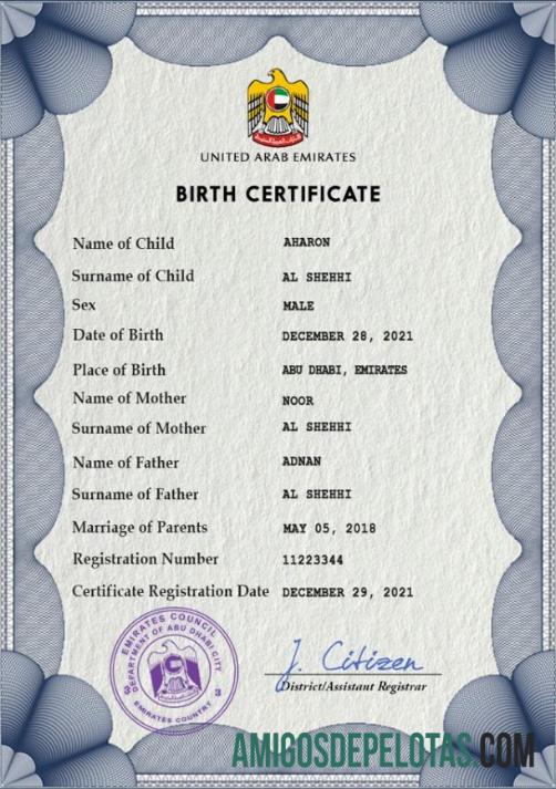 Imprimível modelo PSD de certidão de nascimento de registro vital dos Emirados Árabes Unidos